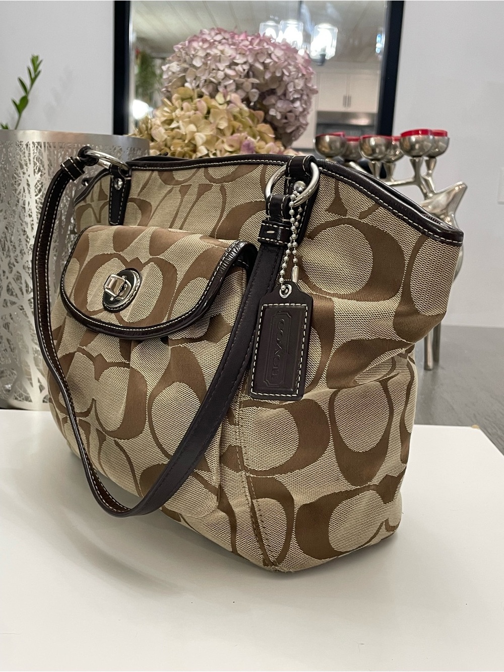 Coach Signature Turnlock Canvas Tote Bag Brown Leather Trim - Picture 6 of 10